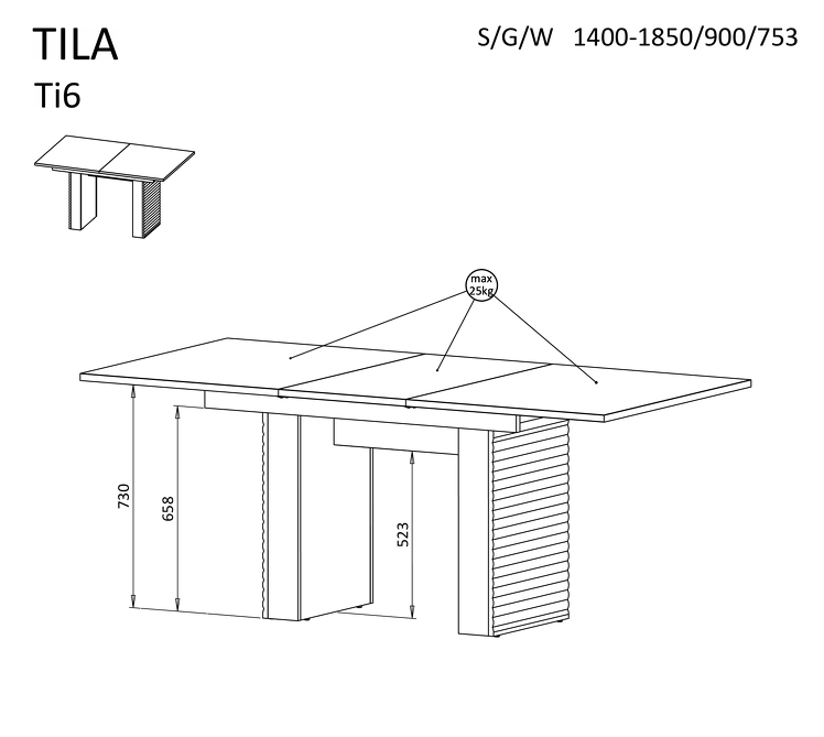 Mesa de Refeição Extensível Tila 140/185x90cm