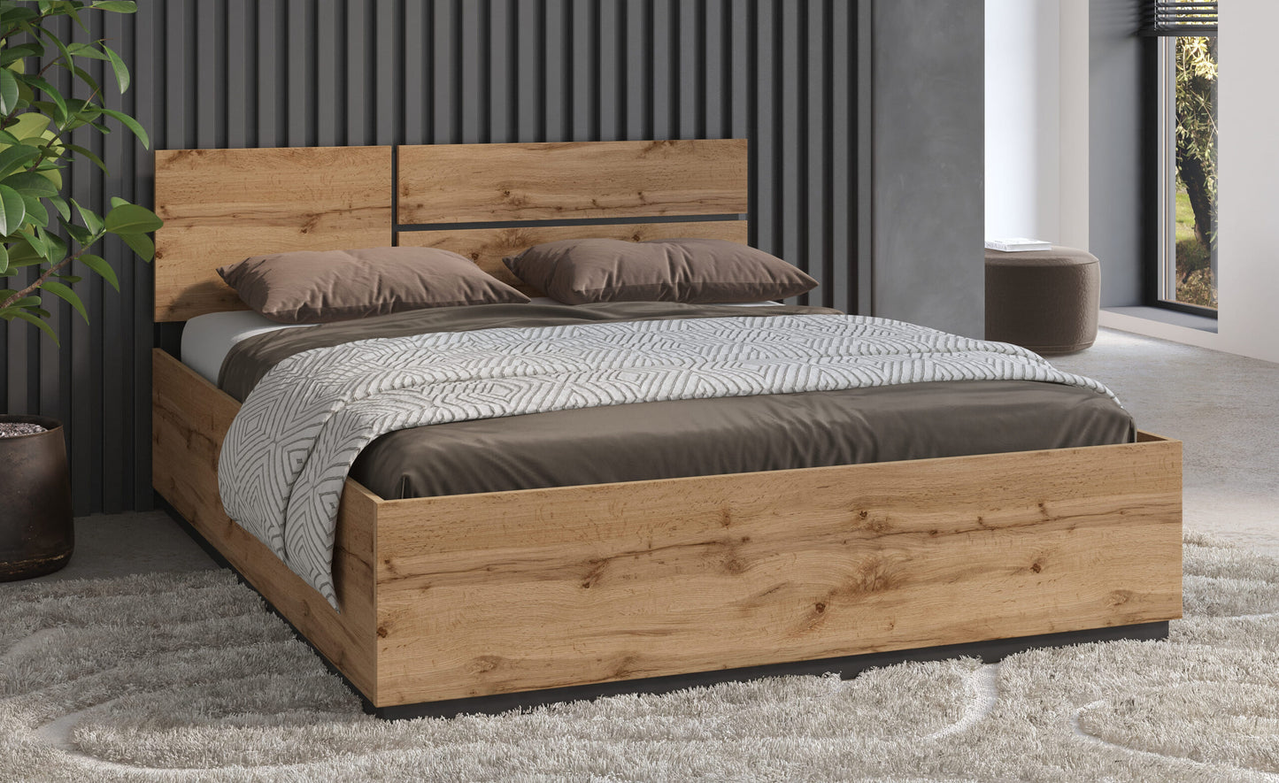 Cama Cross S Elegante 160x200 com Estrado Elevatório Oak e Preto